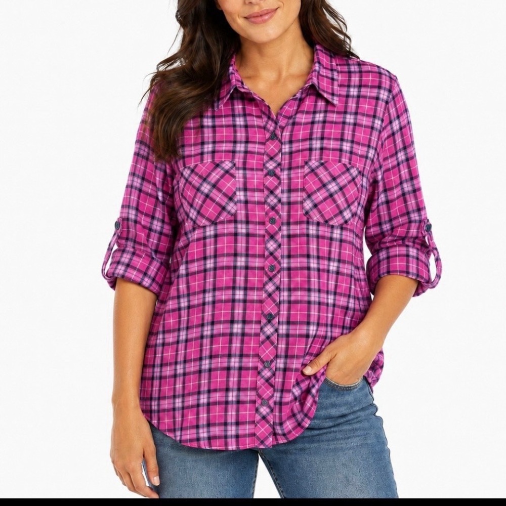 LL Bean Pink Plaid Cotton Roll Tab Button Up Casual Shirt Size LARGE